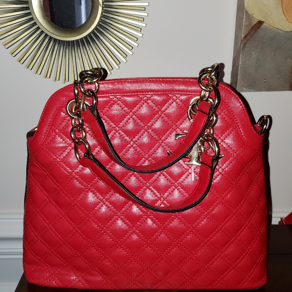 Red faux leather purse with gold hardware